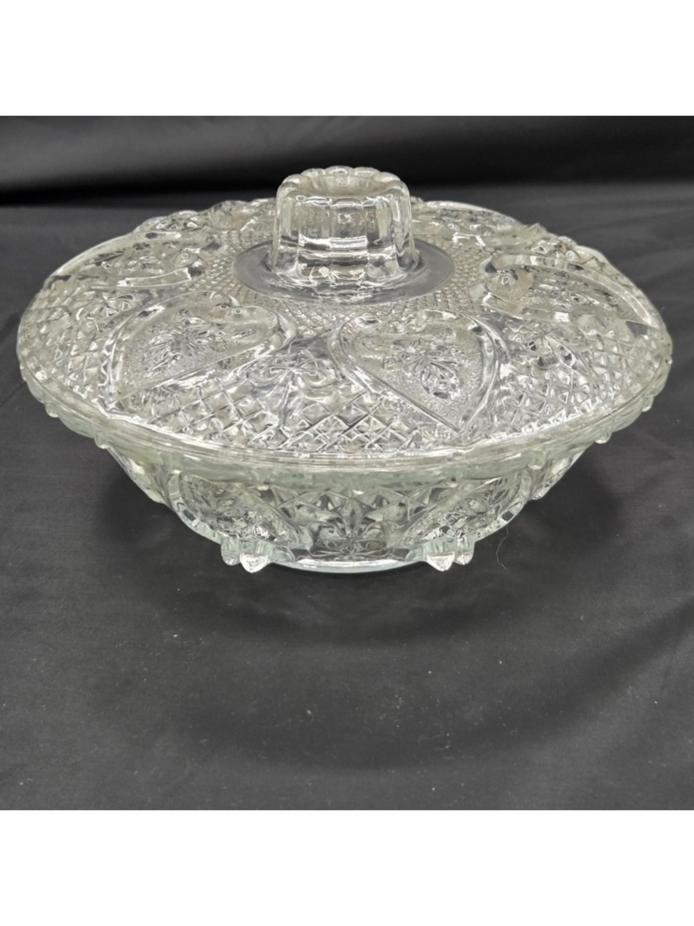 Clear Pressed-Glass Covered Serving Bowl with Heart Pattern